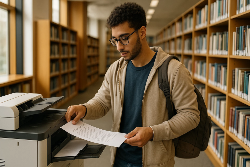 Un jeune homme portant des lunettes et un sac à dos lit une feuille de papier près d'une imprimante dans une bibliothèque.