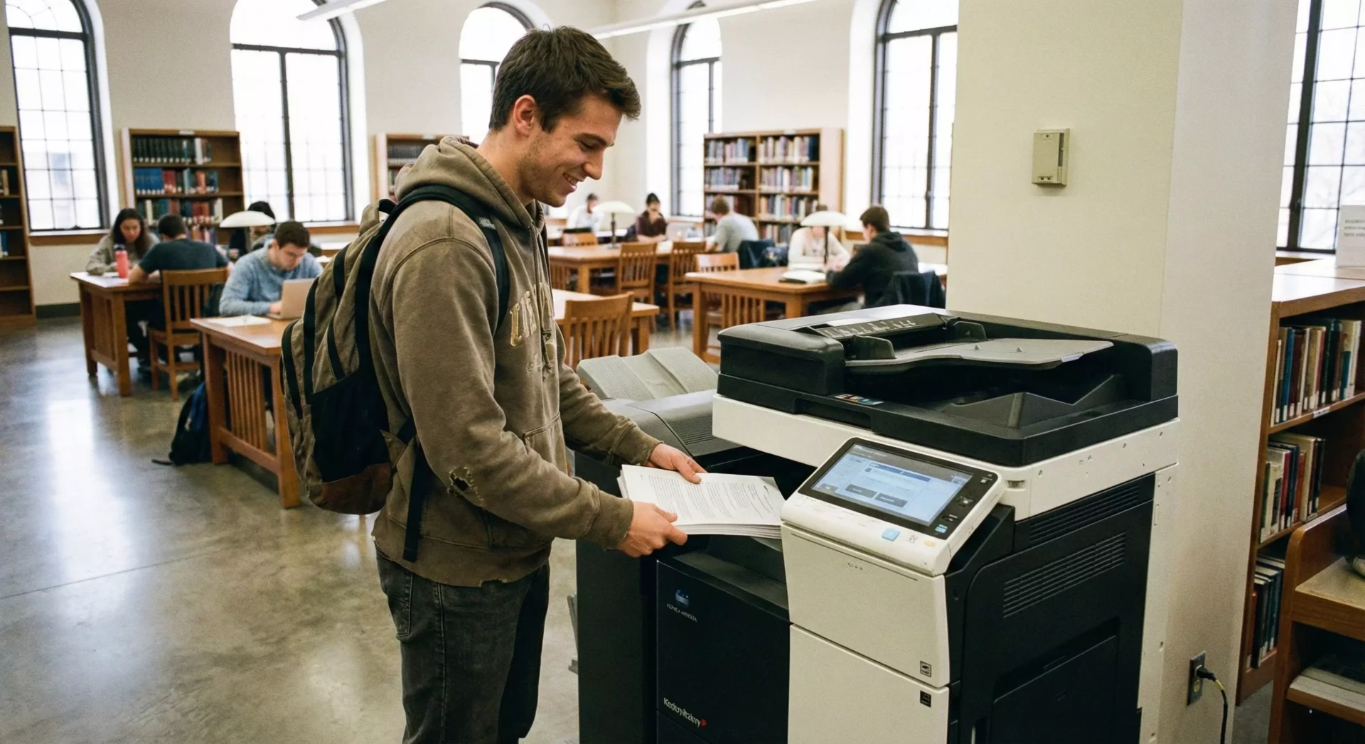 Un homme utilise une imprimante dans une bibliothèque. D'autres personnes étudient à des tables autour de lui.